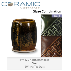 Northern Woods SW120 over Tea Dust SW145 Stoneware Glaze Combination Northern Woods SW120 over Tea Dust SW145 Stoneware Glaze Combination